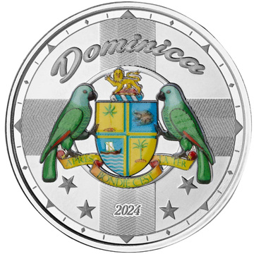 Dominica: Coat of Arms kolorovaný 1 oz stříbra 2024 Proof