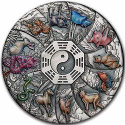 Tuvalu: 12 Lunar Animals kolorowany 5 oz Silver 2023 Antiqued Coin