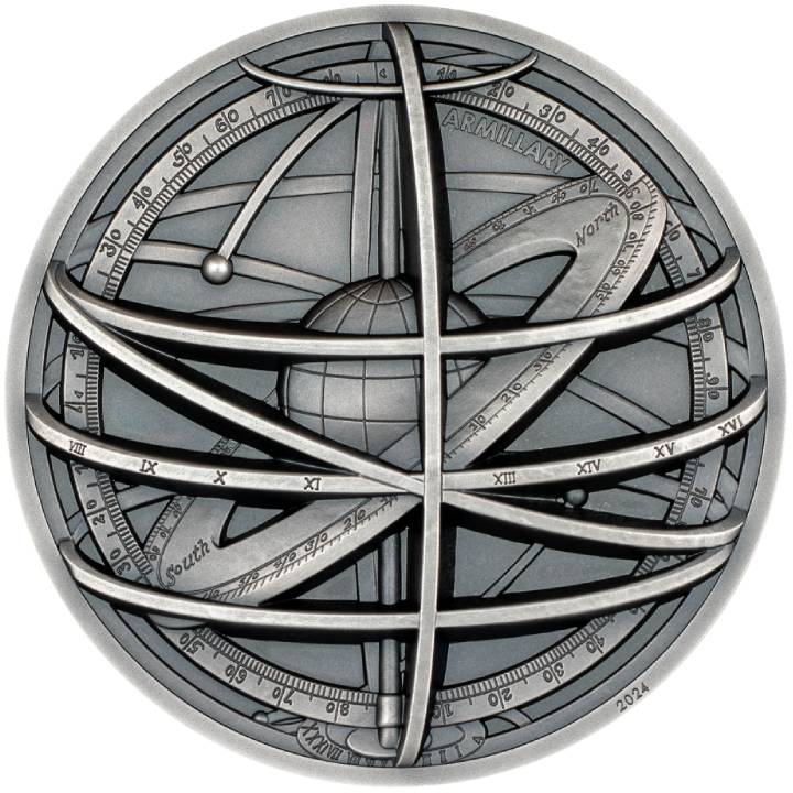  Cook Islands: Historic Instruments - Armillary sphere 2 oz Silver 2024 Ultra High Relief Antiqued Coin