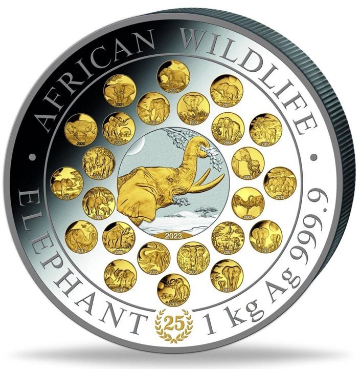 African Wildlife: 25th Anniversary of Somalia Elephant 1000 grams Silver 2023 Gilded Proof 