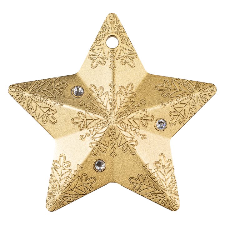 Cook Islands: Holiday Ornament - Snowflake Star 1 oz Silver 2023 Gilded Silk Ultra High Relief