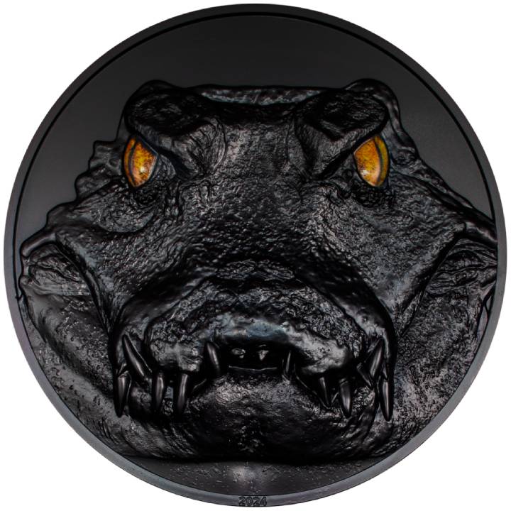 Palau: Hunters by Night - Caiman coloured 1000 grams Silver 2024 Obsidian Black Ultra High Relief