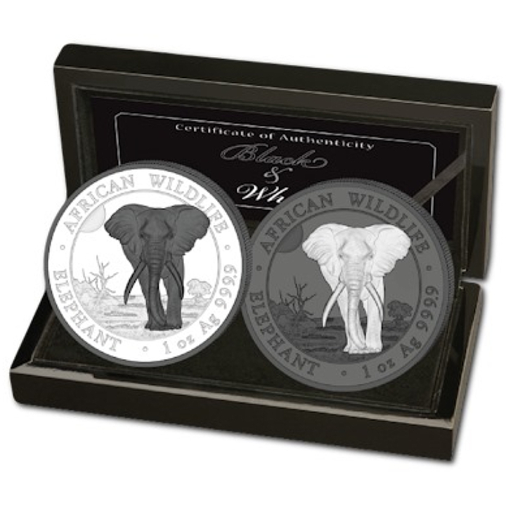 Set of 2 coins African Wildlife: Somalian Elephant "Black & White" coloured  2 x 1 oz Silver 2025