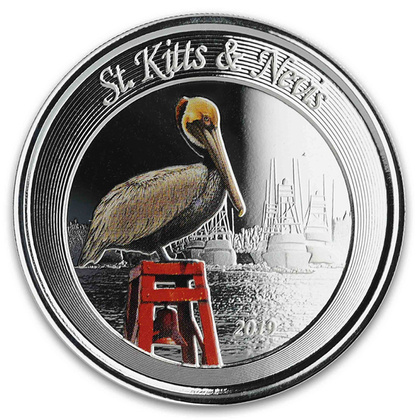 St. Kitts & Nevis: Brown Pelican kolorowany 1 uncja Srebra 2019 Proof