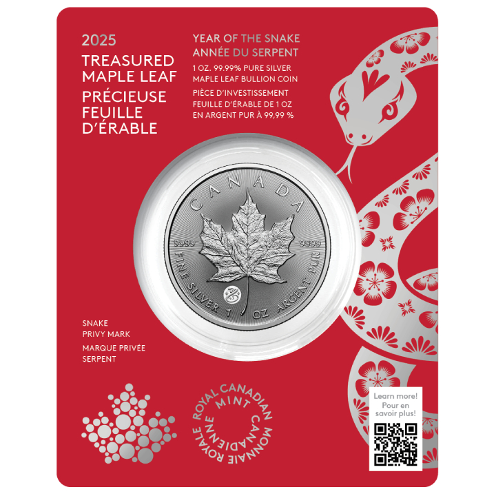 Treasured Canadian Maple Leaf 1 oz Silver 2025 Snake Privy Mark 