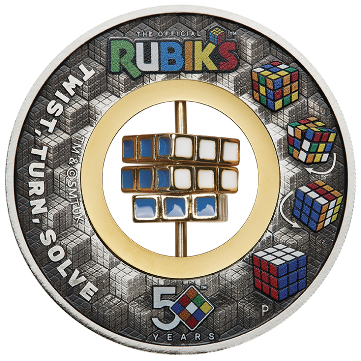 Tuvalu: Rubik’s Cube 50th Anniversary coloured 2 oz Silver 2024 Gilded Antiqued Coin