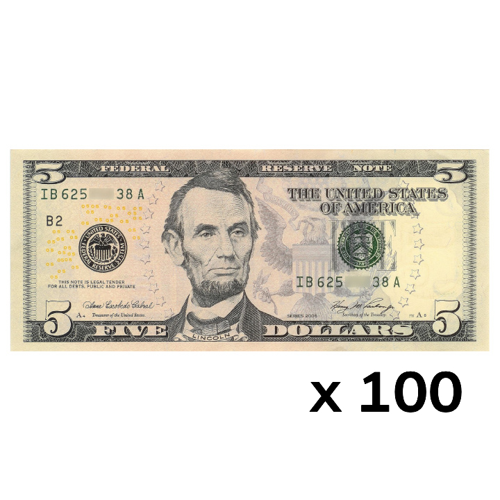 USA Banknote 5 Dollars (5 U.S. dollars / 5 USD) UNC 100 pieces