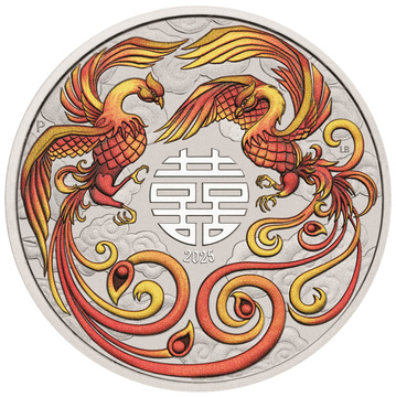 Chinese Myths and Legends: Double Phoenix Farbveredelt (Rot-Gold) 1 Unze Silber 2025 (Münze in Karte)