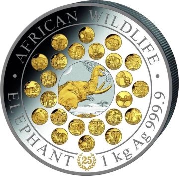 African Wildlife: 25th Anniversary of Somalia Elephant 1000 grams Silber 2023 Gilded Proof