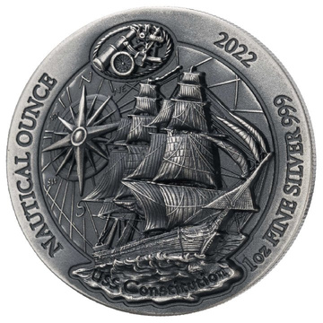Rwanda: Nautical Ounce - USS Constitution 1 oz Silver 2022 Antique Finish
