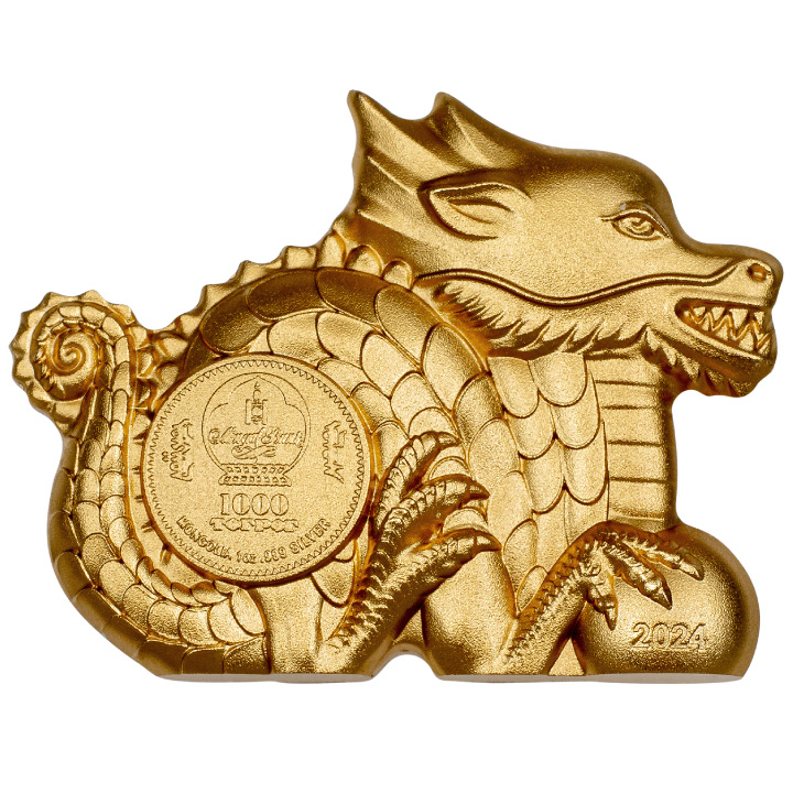  Mongolia: Great Dragon gold plated 1 oz Silver 2024 Silk Ultra High Relief