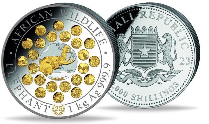 African Wildlife: Somali Elephant 25. anniversary Gold Plated 1000 Grams Silver 2023 Proof