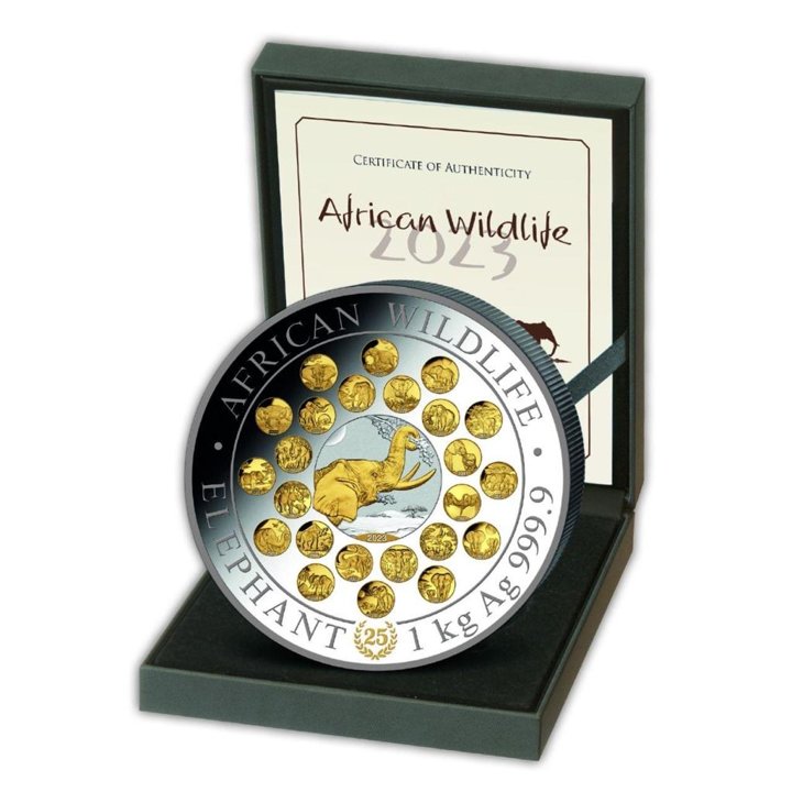 African Wildlife: Somali Elephant 25. anniversary Gold Plated 1000 Grams Silver 2023 Proof