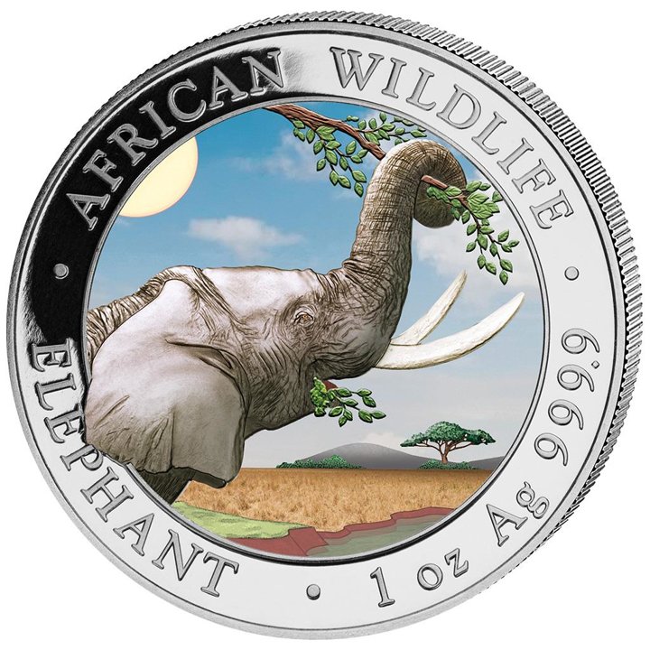 African Wildlife: Somali Elephant "Day" colored 1 oz Silver 2023 