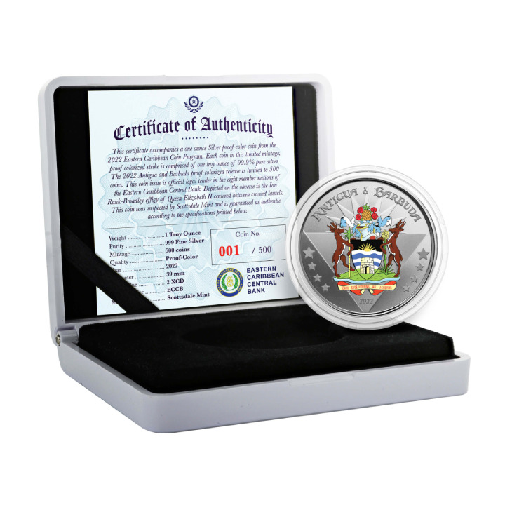 Antigua & Barbuda: Coat of Arms colored 1 oz Silver 2022 Proof