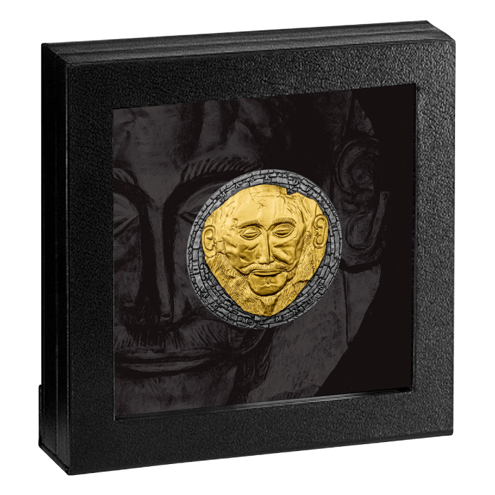 Cameroon: Agamemnon mask gilded 2021 High Relief Antiqued Coin