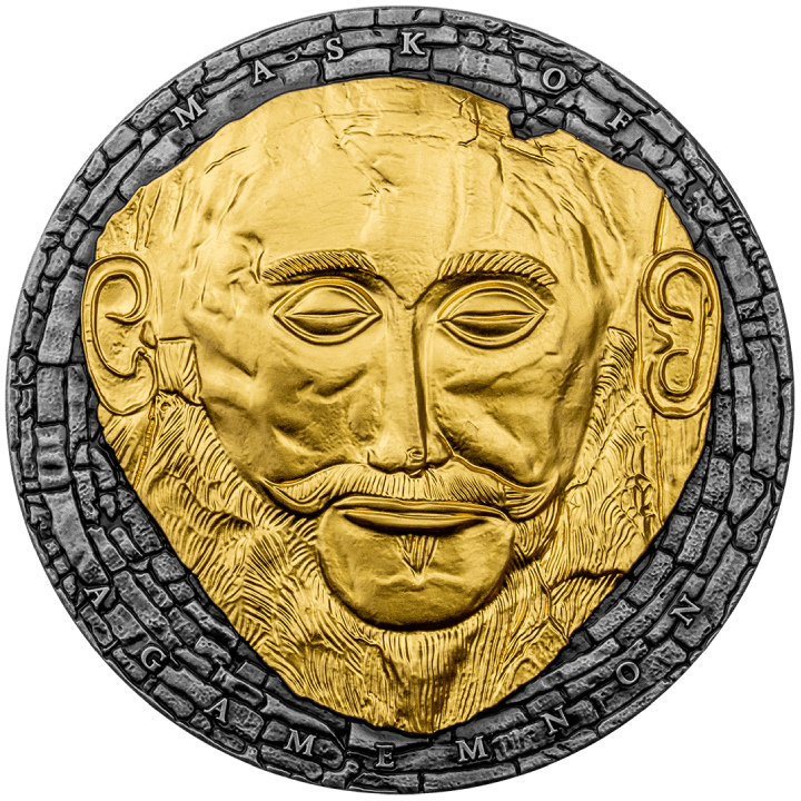 Cameroon: Agamemnon mask gilded 2021 High Relief Antiqued Coin