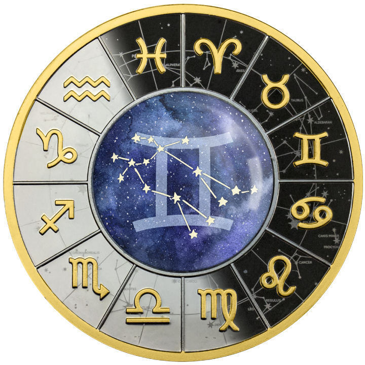 Cameroon: Zodiac Signs - Twins colored, gold plated Silver 2023 Black Proof