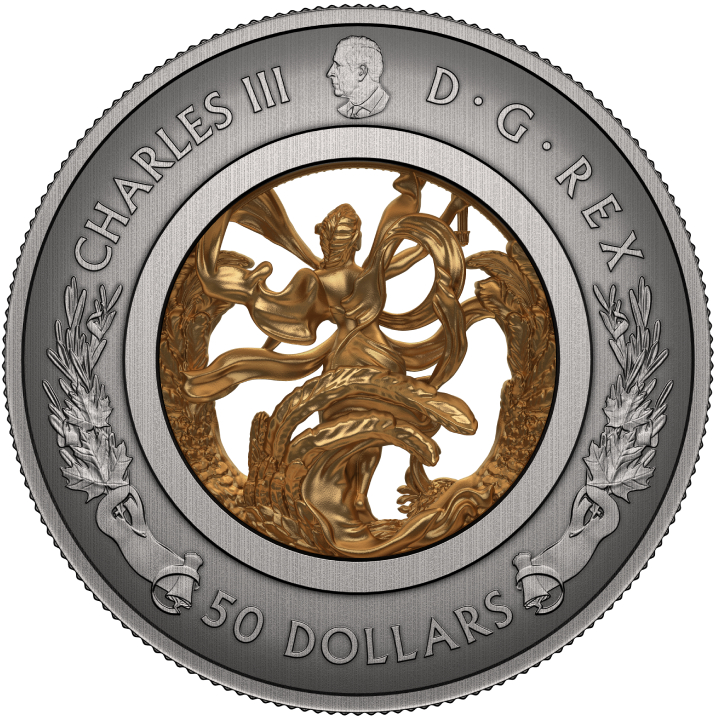 Canada: Allegory of Freedom gold-plated $50 Silver 2024 Antiqued Coin