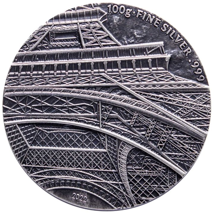 Chad: Tina's View - Eiffel Tower of Paris 100 grams Silver 2022 High Relief Antiqued Coin