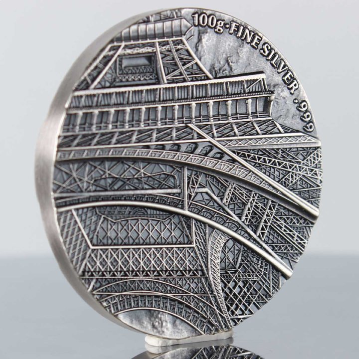 Chad: Tina's View - Eiffel Tower of Paris 100 grams Silver 2022 High Relief Antiqued Coin