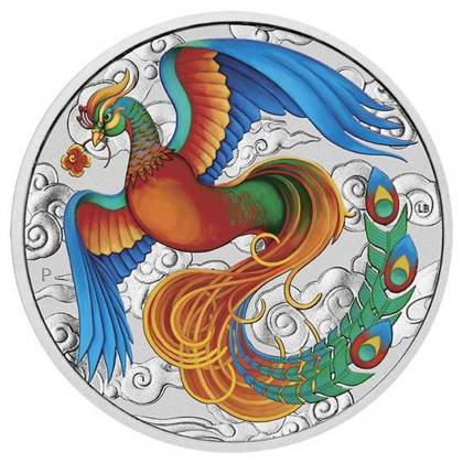 Chinese Myths and Legends: Phoenix colored navy blue and red (coin version in card) 1 oz Silver 2022