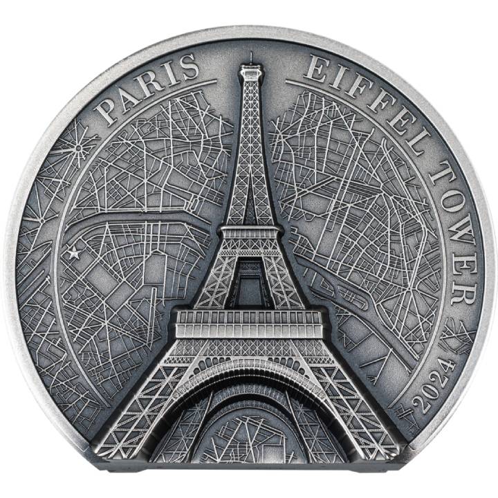 Cook Islands: Eiffel Tower 2 oz Silver 2024 Ultra High Relief Antiqued Coin