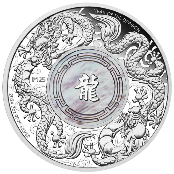 Double Dragon with Mother of Pearl 2 oz Silver 2024 Proof 