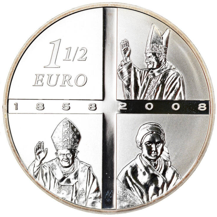 France: Lourdes 150e Anniversaire 1,5 Euro Silver 2008 Proof Coin