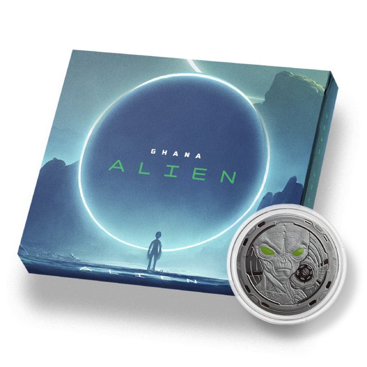 Ghana: Alien colored 1 oz Silver 2022 Black Rhodium Proof