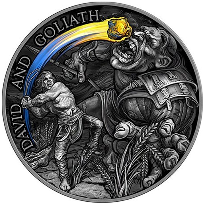 Ghana: David and Goliath coloured 1 oz Silver 2022 High Relief Antiqued Coin