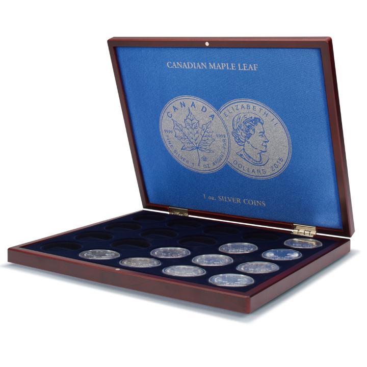 Leuchtturm Presentation mahogani cases Volterra Uno for 20 Maple Leaf 1 oz Silver coins in capsules