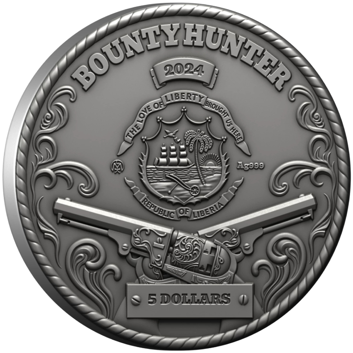 Liberia: The Bounty Hunter colored, gold-plated $5 Silver 2024 High Relief Antiqued Coin