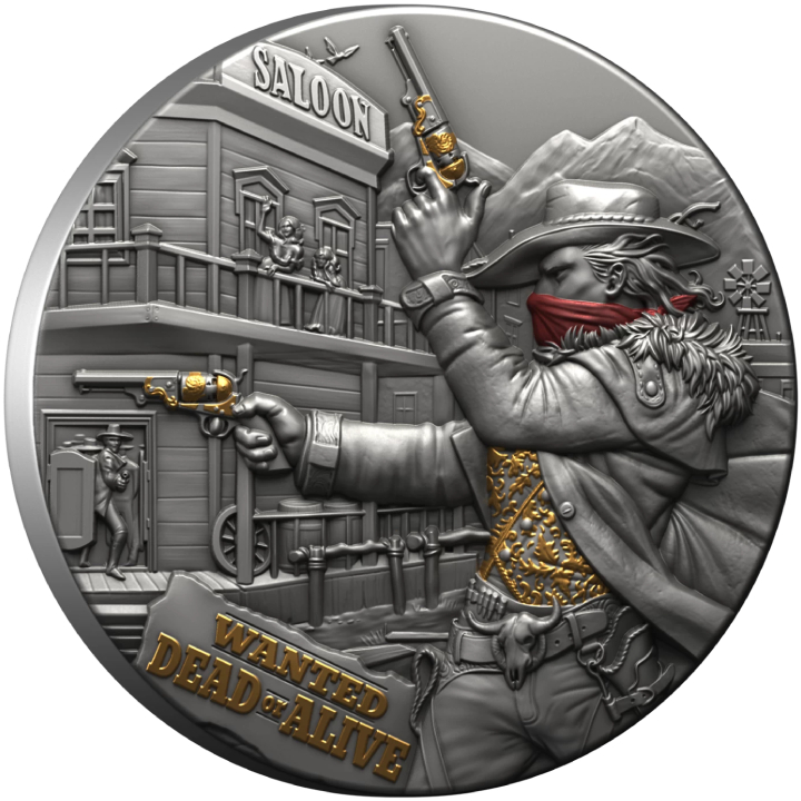 Liberia: The Bounty Hunter colored, gold-plated $5 Silver 2024 High Relief Antiqued Coin