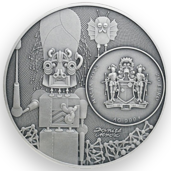 Malta: Daniel Mróz and Stanislaw Lem coloured 20 Euro Silver 2022 High Relief Antiqued Coin