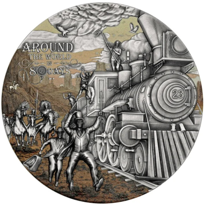 Niue: Around the World in 80 Days - Train Trip coloured 1 oz Silver 2023 High Relief Antiqued Coin