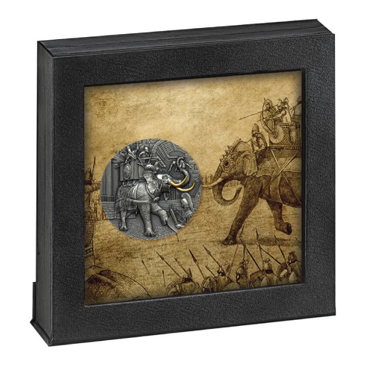 Niue: Battle Elephant Gilt $5 Silver 2022 High Relief Antiqued Coin