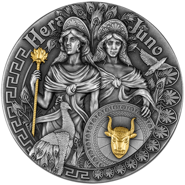 Niue: Hera and Juno Gold Plated $5 Silver 2022 High Relief Antiqued Coin