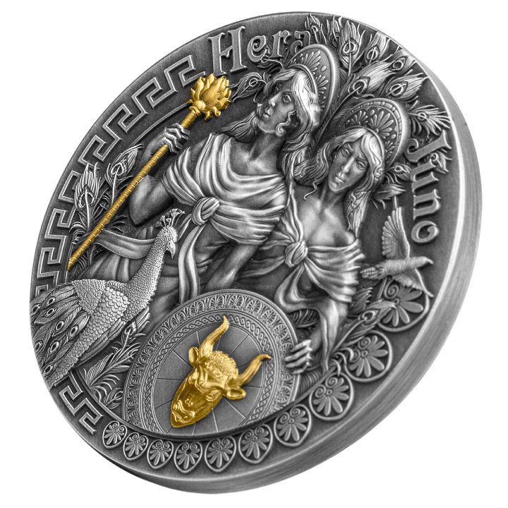 Niue: Hera and Juno Gold Plated $5 Silver 2022 High Relief Antiqued Coin