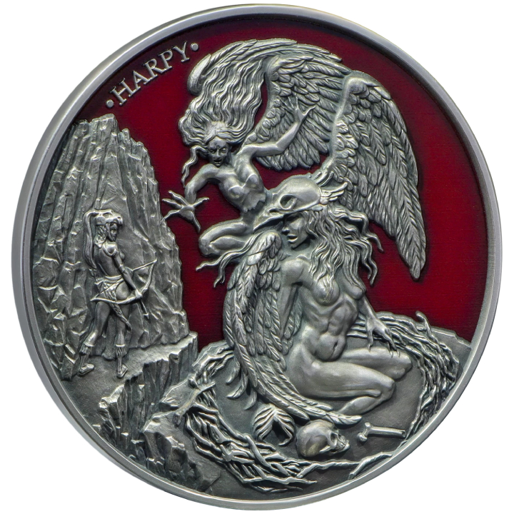 Niue: Mythical Creatures - Harpy coloured $5 Silver 2024 High Relief Antiqued Coin