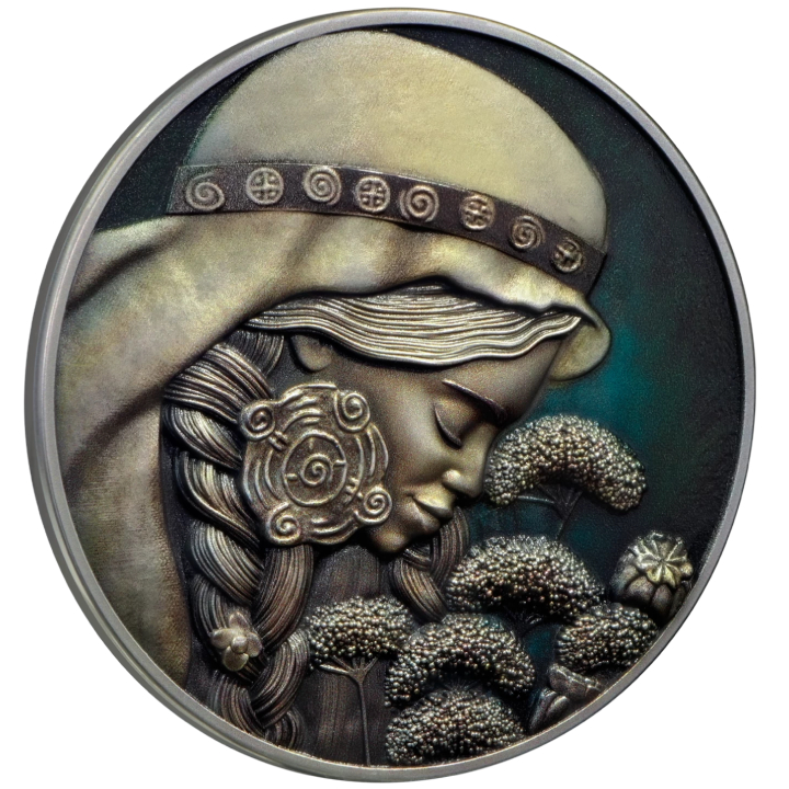 Niue: The Elements - Milda colored $5 Silver 2023 High Relief Antiqued Coin