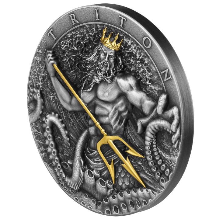 Niue: Triton Gold Plated $5 Silver 2022 High Relief Antiqued Coin