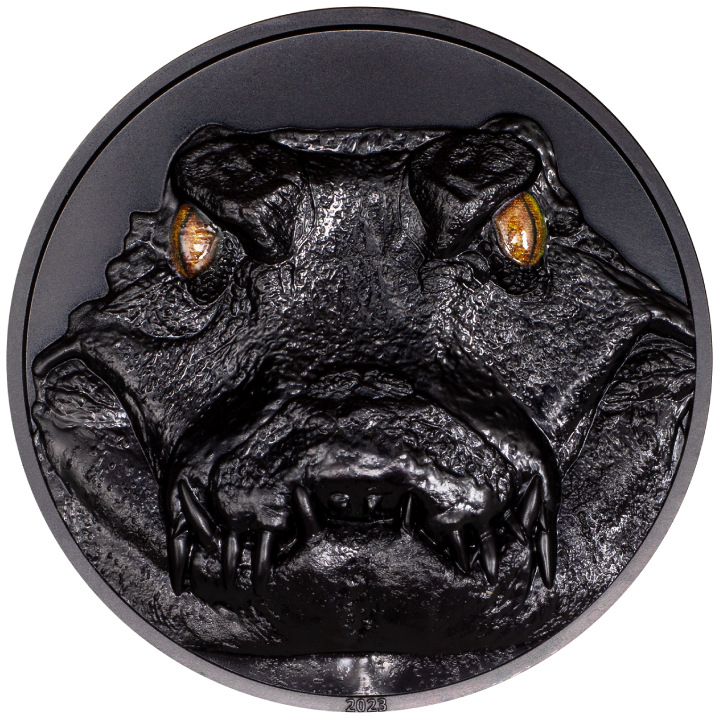 Palau: Hunters by Night - Caiman colored 2 oz Silver 2023 Obsidian Black Ultra High Relief