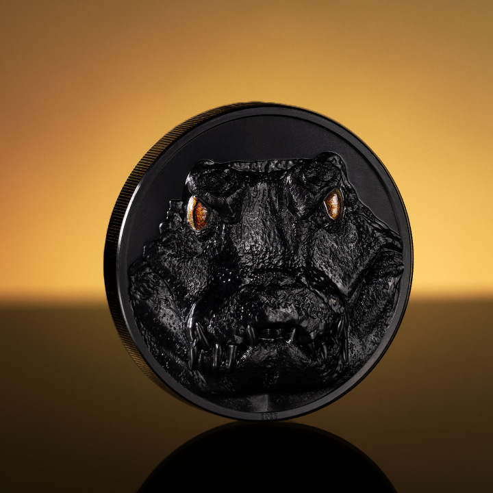 Palau: Hunters by Night - Caiman colored 2 oz Silver 2023 Obsidian Black Ultra High Relief