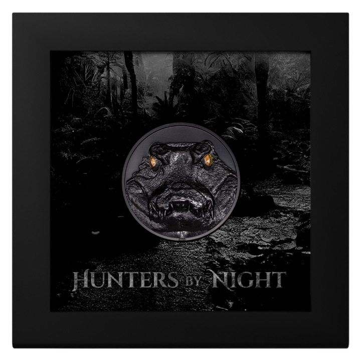 Palau: Hunters by Night - Caiman colored 2 oz Silver 2023 Obsidian Black Ultra High Relief