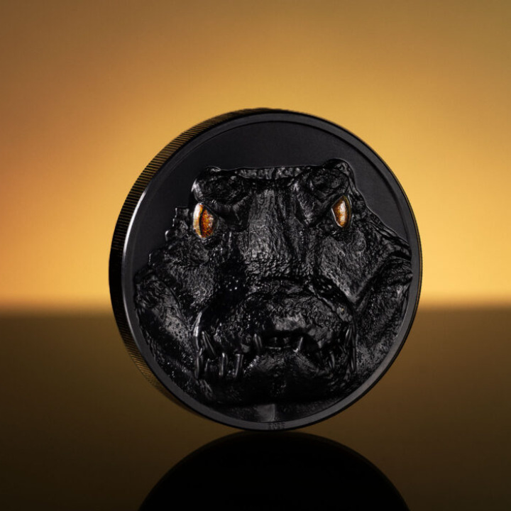 Palau: Hunters by Night - Caiman colored 2 oz Silver 2023 Obsidian Black Ultra High Relief