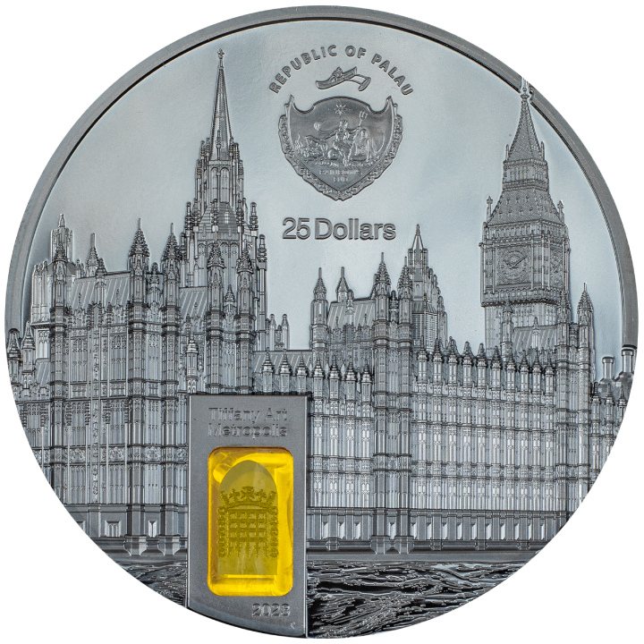 Palau: Tiffany Art Metropolis - Palace of Westminster colored 5 oz Silver 2023 Black Proof Ultra High Relief