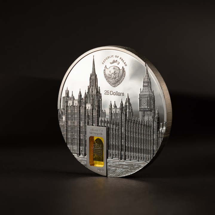 Palau: Tiffany Art Metropolis - Palace of Westminster colored 5 oz Silver 2023 Black Proof Ultra High Relief