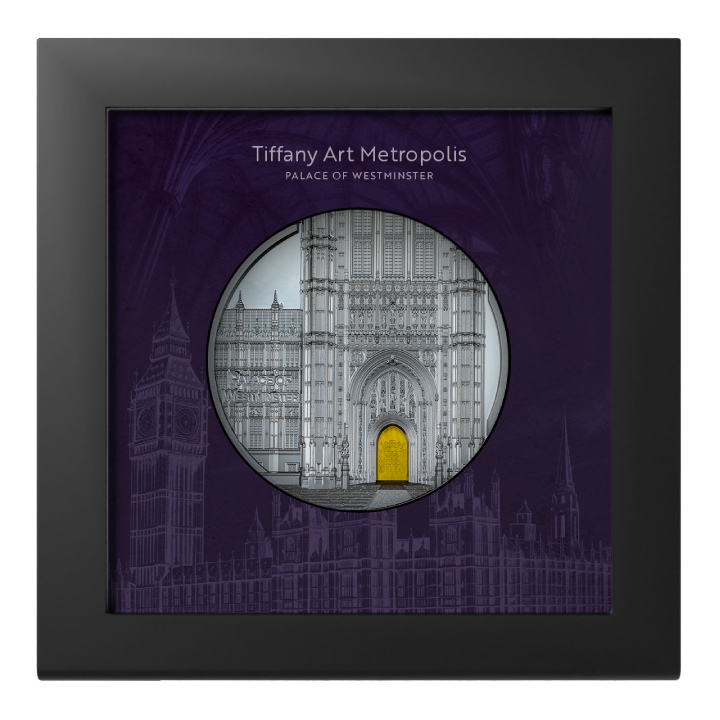 Palau: Tiffany Art Metropolis - Palace of Westminster colored 5 oz Silver 2023 Black Proof Ultra High Relief