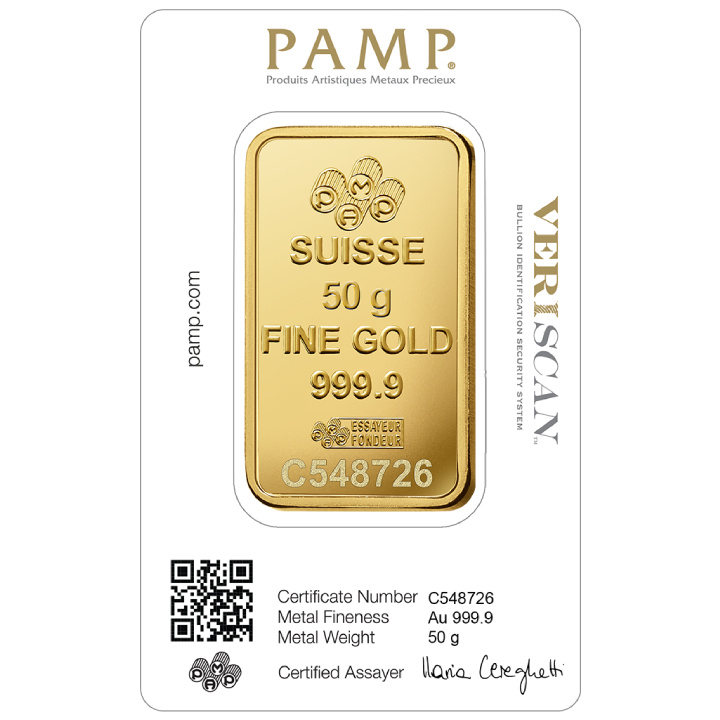 Pamp Suisse Veriscan 50 gram Gold Bar LBMA